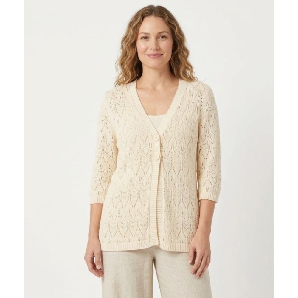 Catherines size 1X Cream Beige‎ Crochet 3/4 Sleeve Open Knit Boho Cardigan